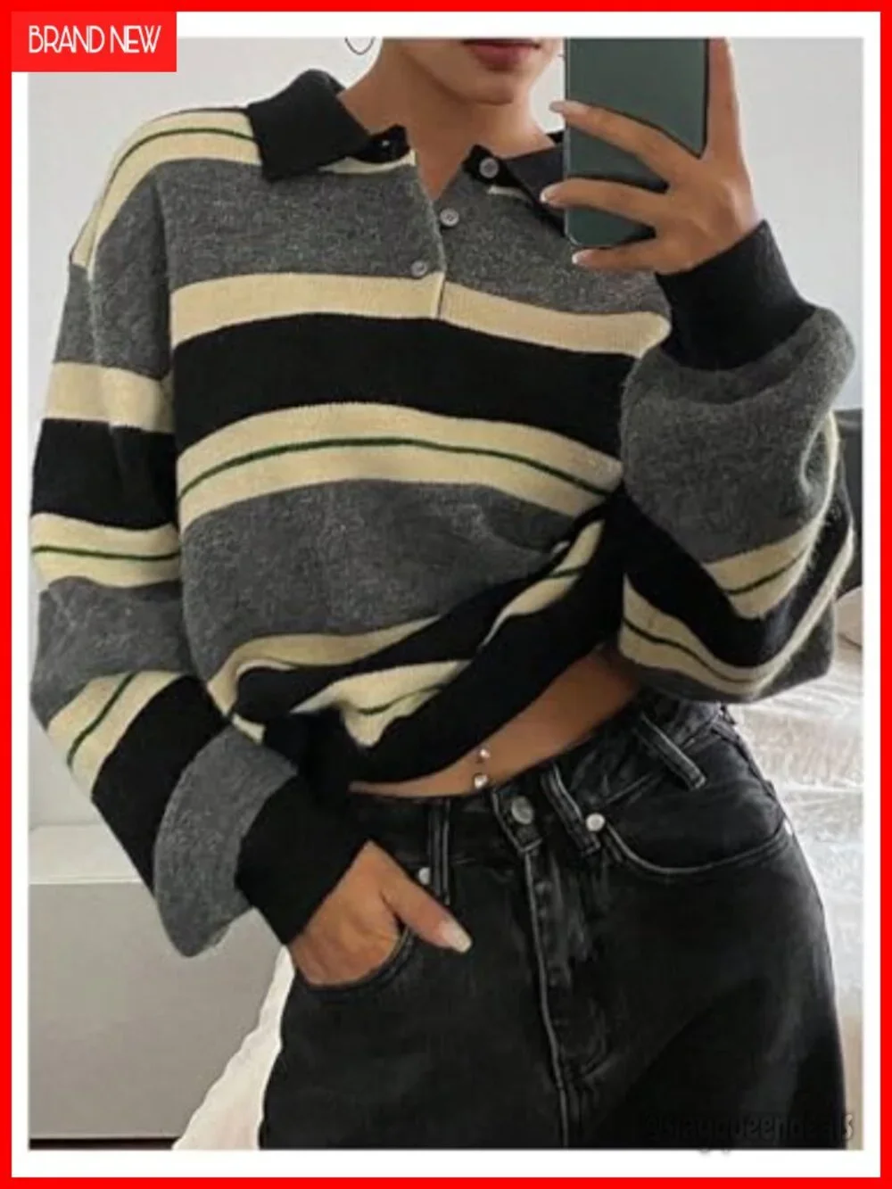 Striped Collared Long Sleeve Knit Pullover Sweater Top